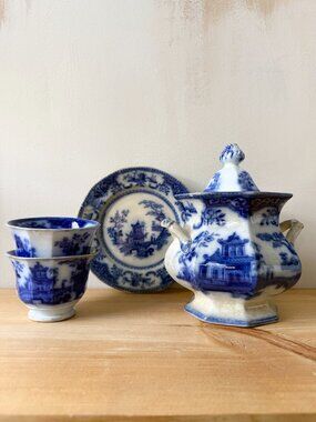 Antique Peking Transferware Soup Tureen Set English Blue & White Porcelain